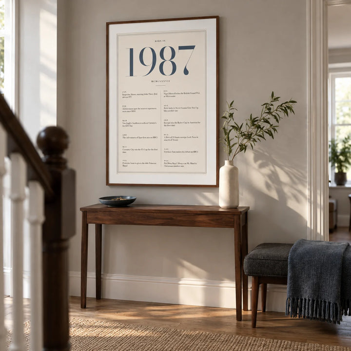 1987 Blue Birthday Print, framed on the wall of a welcoming hallway in a renovated UK terrace with pale grey plaster walls and simple oak flooring