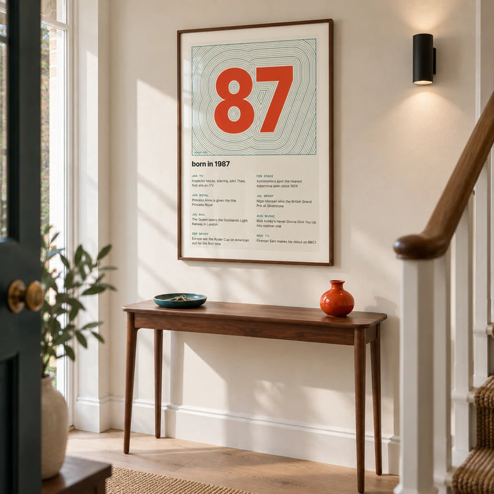 1987 Contour Map Print, framed on the wall of a crisp entrance hallway in a renovated UK terrace with a cream wall