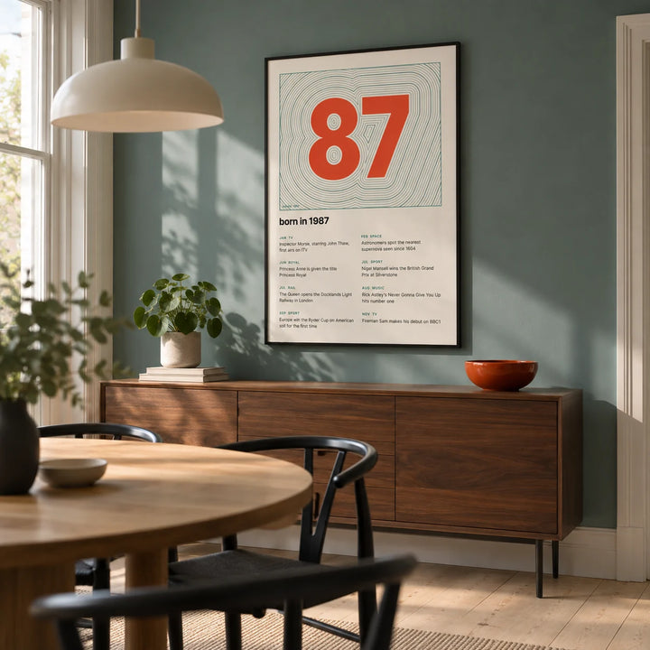 1987 Contour Map Print, framed on the wall of a modern dining room in a UK townhouse with a muted teal wall and pale timber flooring