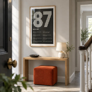 1987 Halftone Print, framed on the wall of a bright hallway in a refurbished British terrace with pale grey walls and a simple concrete floor
