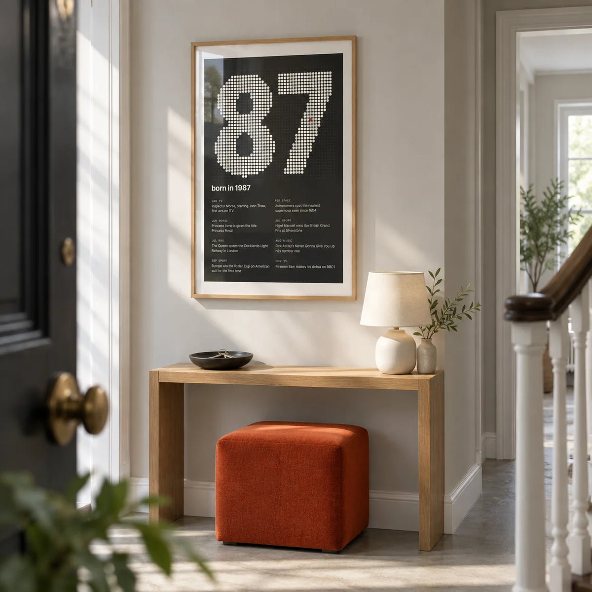 1987 Halftone Print, framed on the wall of a bright hallway in a refurbished British terrace with pale grey walls and a simple concrete floor