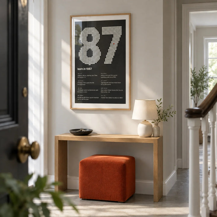 1987 Halftone Print, framed on the wall of a bright hallway in a refurbished British terrace with pale grey walls and a simple concrete floor