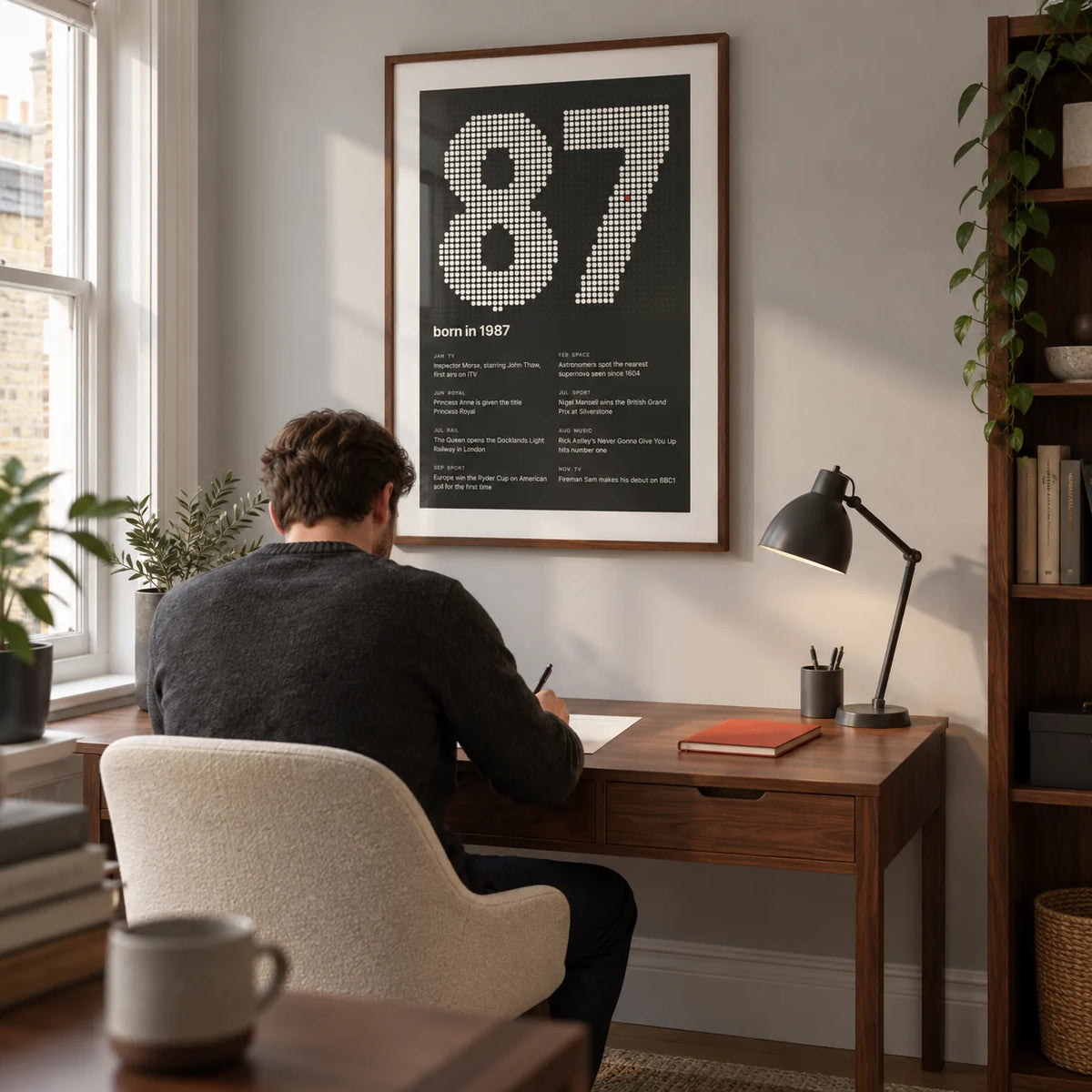 1987 Halftone Print, framed on the wall of a compact home study in a renovated UK terrace with a pale grey wall and walnut furniture