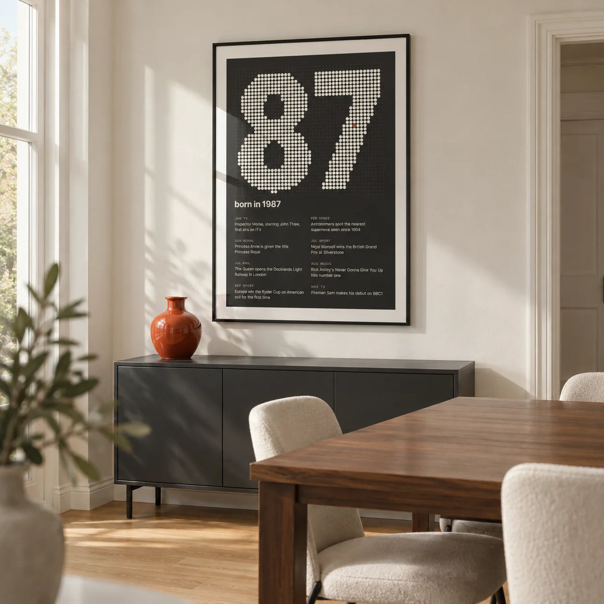 1987 Halftone Print, framed on the wall of a crisp modern dining room in a UK townhouse with an off-white wall and plain oak floor