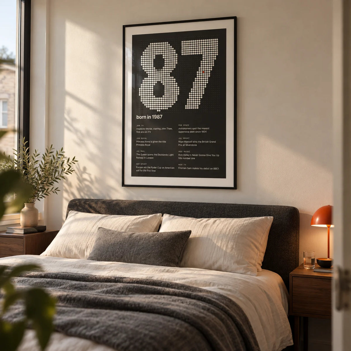 1987 Halftone Print, framed on the wall of a design-led adult bedroom in a UK flat with a warm white wall and walnut bedside furniture