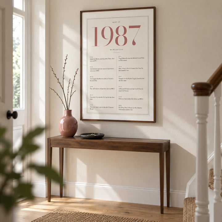 1987 Pink Birthday Print, framed on the wall of a bright hallway in a renovated UK semi with an ivory wall and simple oak floor