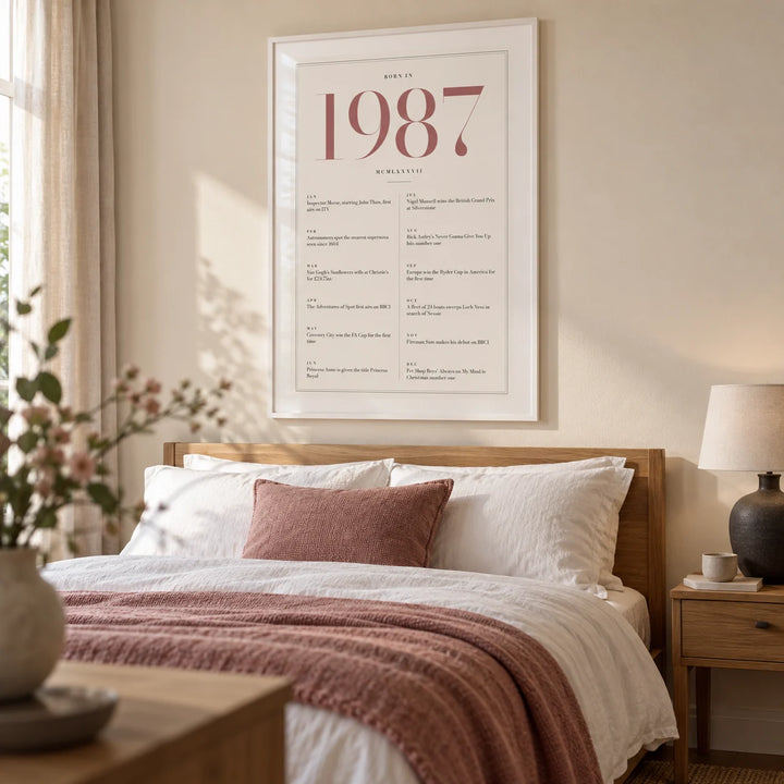 1987 Pink Birthday Print, framed on the wall of a contemporary adult bedroom in a UK home with a warm ivory wall