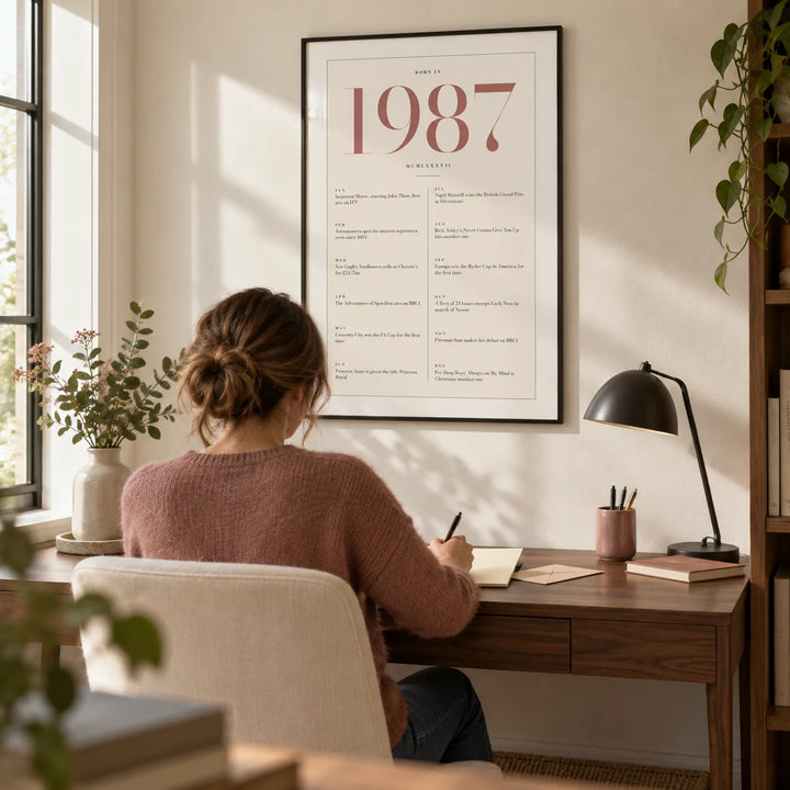 1987 Pink Birthday Print, framed on the wall of a quiet home study for an adult in their late thirties with a warm white wall
