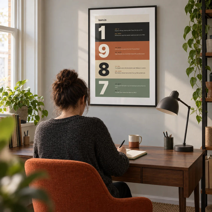 1987 Typography Print, framed on the wall of a compact design-conscious home study in a British terraced house with a pale grey wall