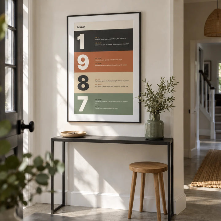 1987 Typography Print, framed on the wall of a crisp entrance hallway in a renovated British semi with off-white walls and a plain concrete floor