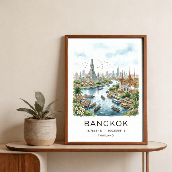 Detailed Bangkok City Art Print with city name text, coordinates, and Thailand label