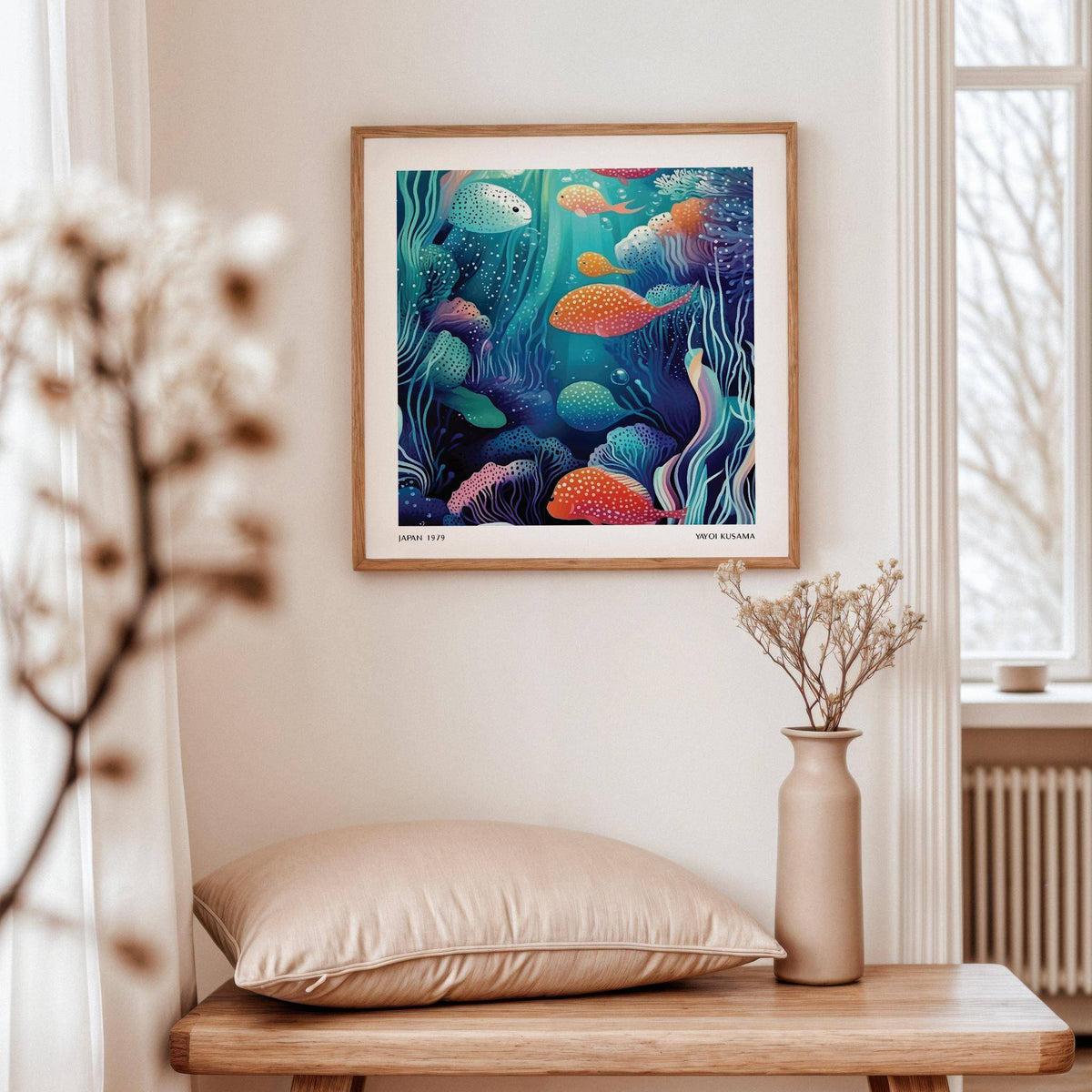 Contemporary underwater artwork with flowing aquatic plants