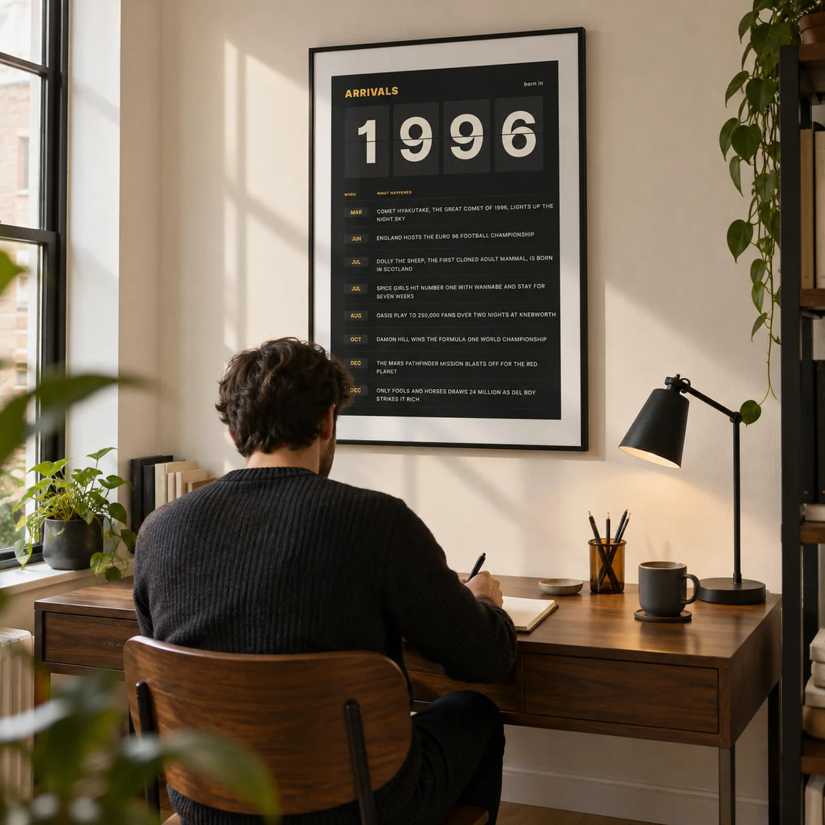 1996 Arrivals Board Print, framed on the wall of a compact home study for a thirty-year-old in a UK flat with a cream wall and oak floor