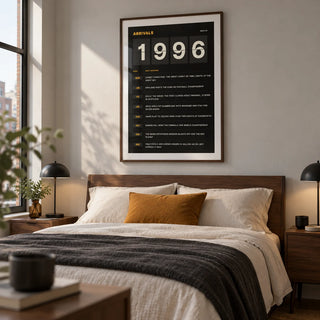 1996 Arrivals Board Print, framed on the wall of a contemporary bedroom in a UK city flat with a pale grey wall