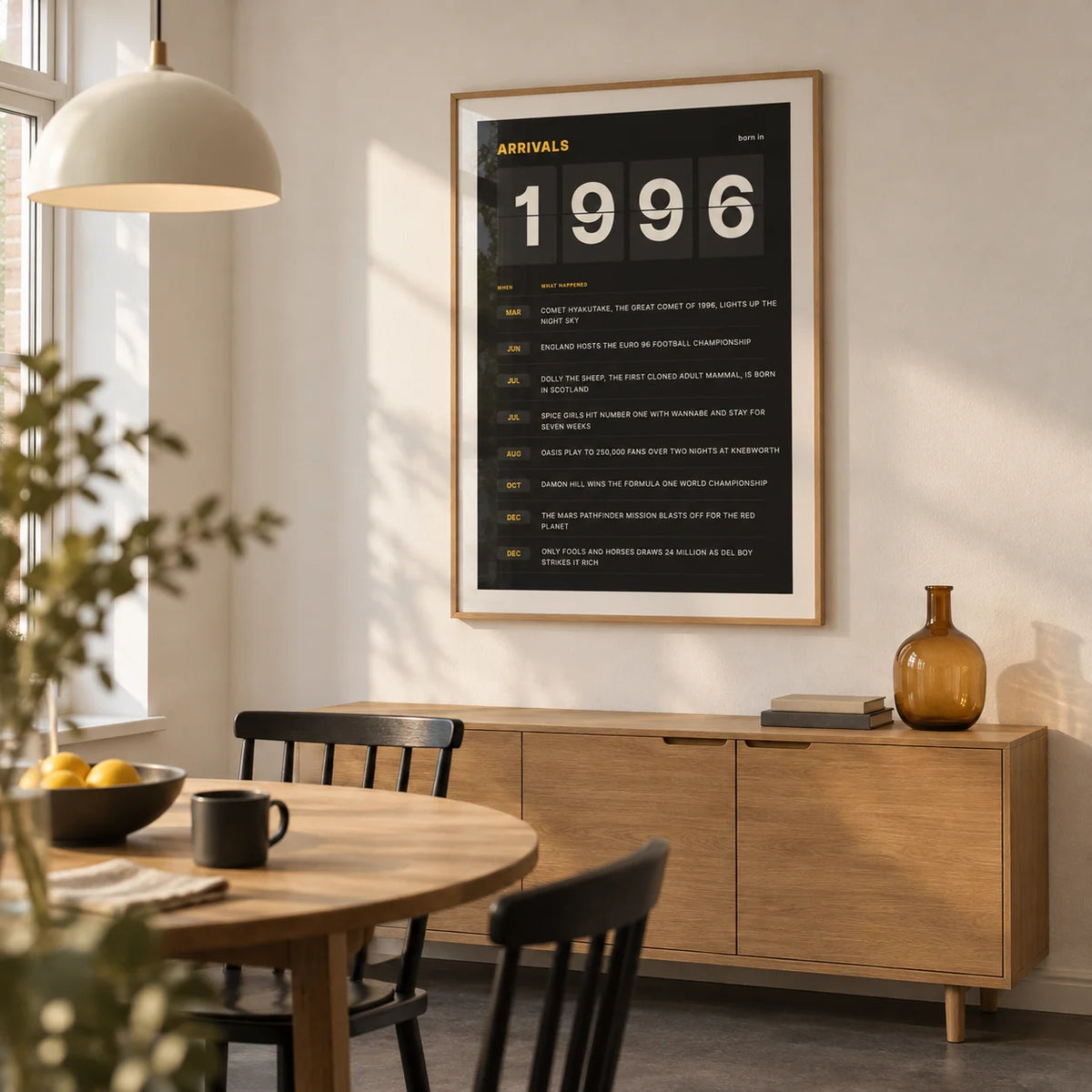 1996 Arrivals Board Print, framed on the wall of a modern dining nook in a UK first home with a warm white wall and a plain charcoal linoleum floor