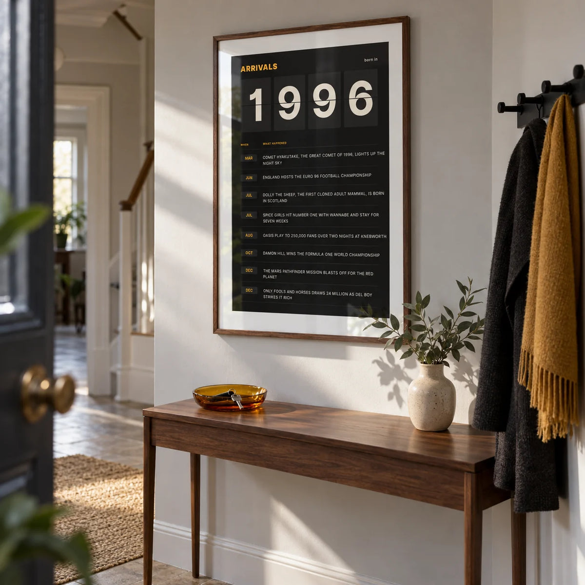 1996 Arrivals Board Print, framed on the wall of a narrow hallway in a renovated UK terrace with a pale grey wall and plain stone floor