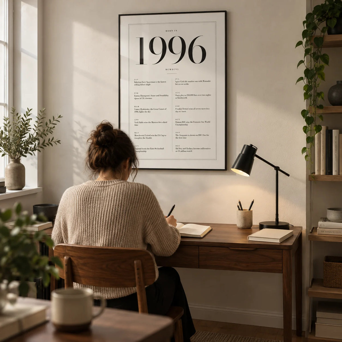 1996 Birthday Print, framed on the wall of a compact design-conscious home study in a UK flat with an ivory wall and a walnut desk
