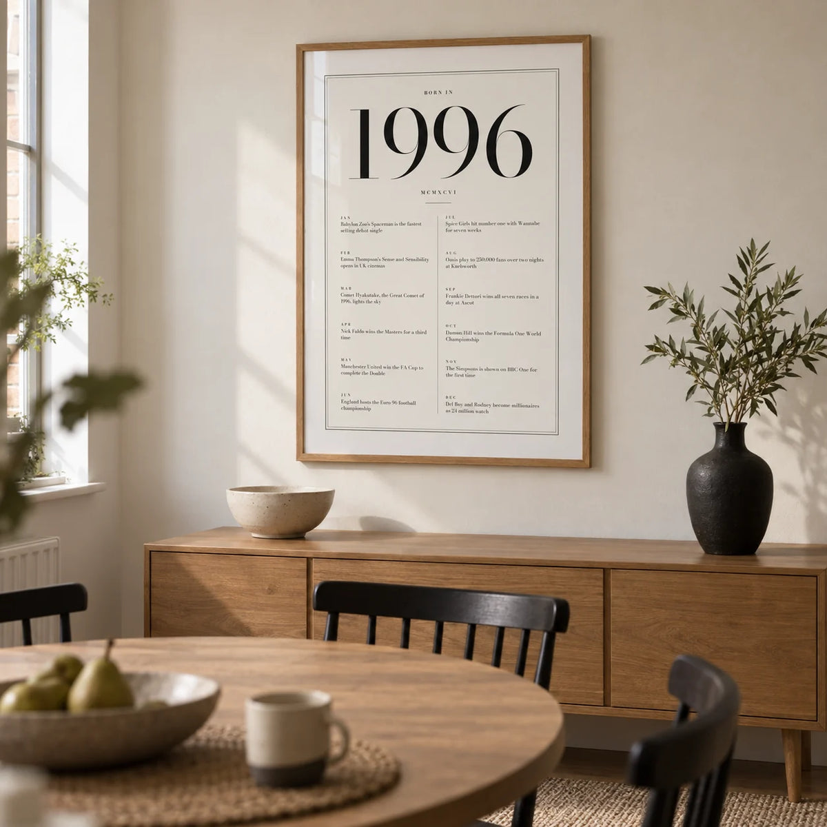 1996 Birthday Print, framed on the wall of a modern dining room in a modest UK flat with a warm white wall