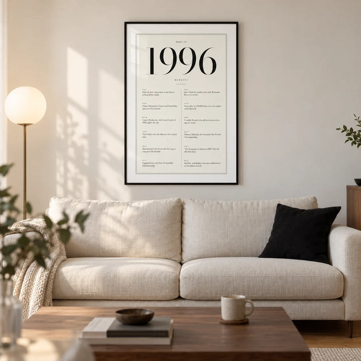 1996 Birthday Print, framed on the wall of a modern living room in a UK first home for an adult around 30