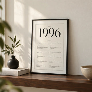 1996 Birthday Print, a small A4 framed print leaning on a walnut shelf in a living room