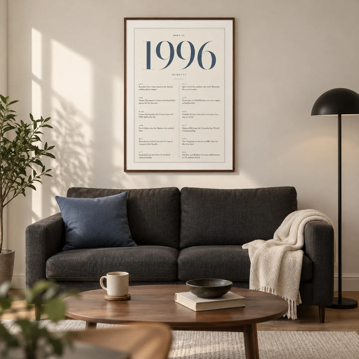 1996 Blue Birthday Print, framed on the wall of a modern living room in a UK first home for an adult around 30