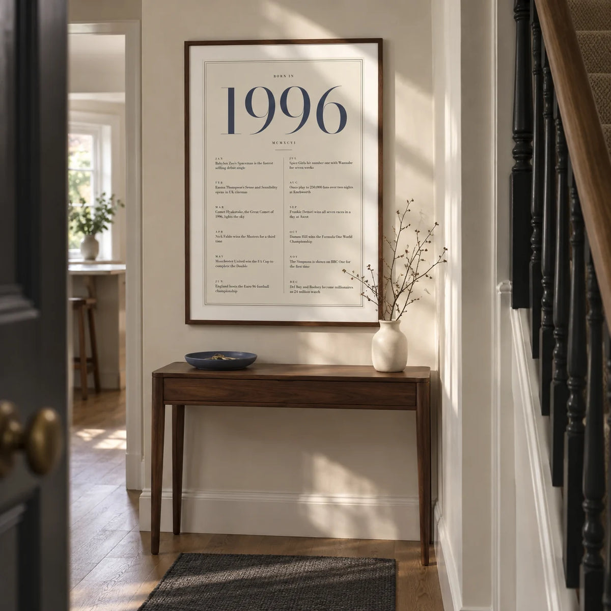 1996 Blue Birthday Print, framed on the wall of a narrow hallway in a renovated UK terrace with ivory walls and simple dark stair spindles