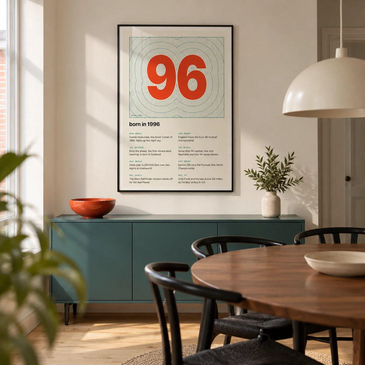 1996 Contour Map Print, framed on the wall of a crisp modern dining room in a UK terraced house with a warm white wall and pale timber floor