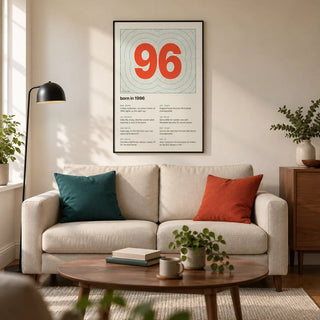 1996 Contour Map Print, framed on the wall of a modern living room in a UK first home with warm white walls and walnut furniture