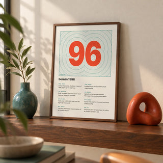 1996 Contour Map Print, a small A4 framed print leaning on a walnut shelf in a living room