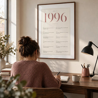 1996 Pink Birthday Print, framed on the wall of a compact home study in a UK flat with an ivory wall and a walnut desk