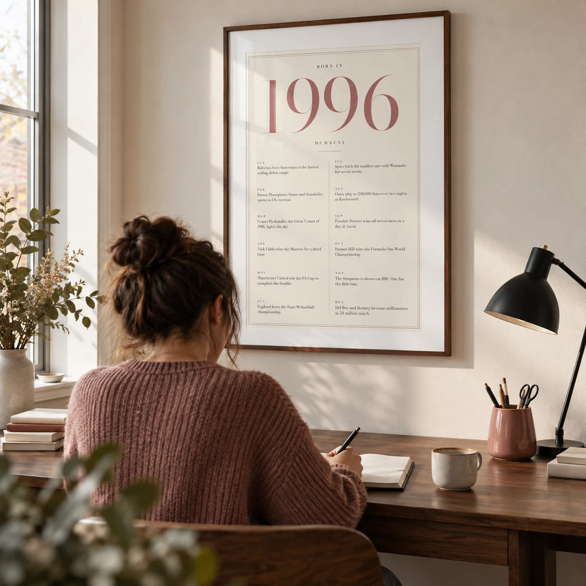 1996 Pink Birthday Print, framed on the wall of a compact home study in a UK flat with an ivory wall and a walnut desk