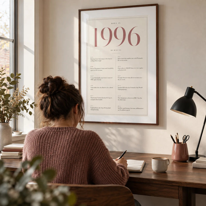 1996 Pink Birthday Print, framed on the wall of a compact home study in a UK flat with an ivory wall and a walnut desk