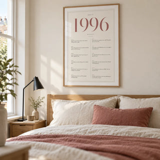 1996 Pink Birthday Print, framed on the wall of a grown-up bedroom in a renovated UK terrace with a warm white wall