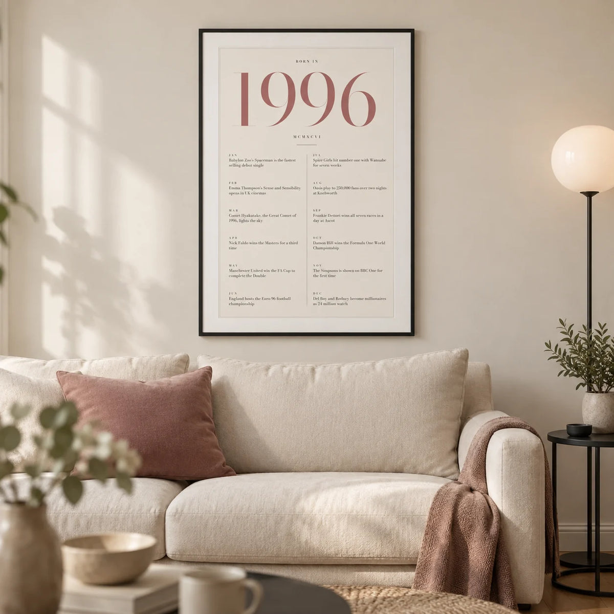 1996 Pink Birthday Print, framed on the wall of a modern living room in a UK flat for an adult around 30