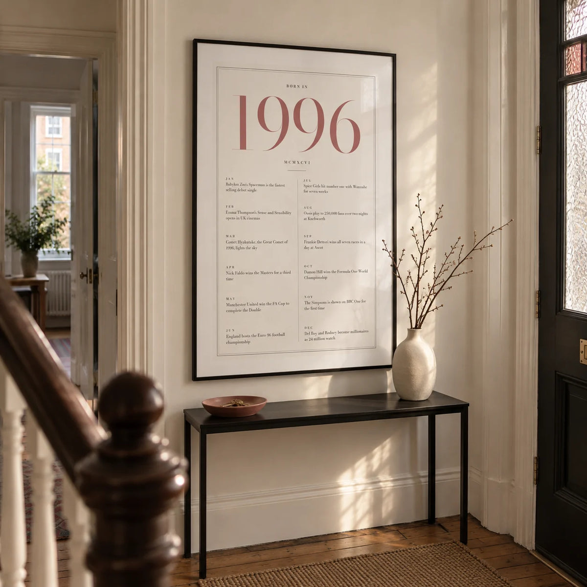 1996 Pink Birthday Print, framed on the wall of a narrow entrance hallway in a Victorian UK terrace with warm white walls and original timber floorboards