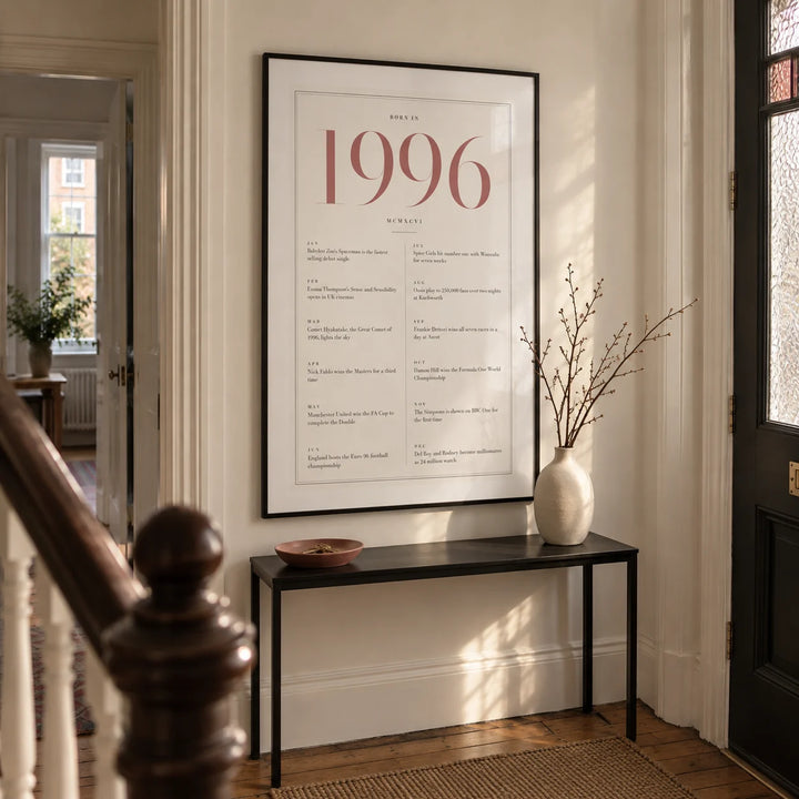 1996 Pink Birthday Print, framed on the wall of a narrow entrance hallway in a Victorian UK terrace with warm white walls and original timber floorboards