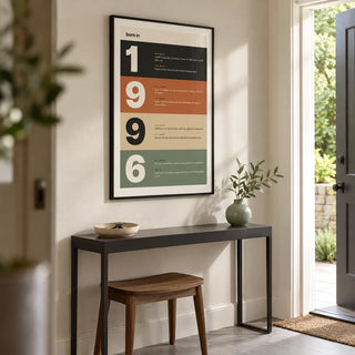 1996 Typography Print, framed on the wall of a crisp entrance hallway in a first home with an off-white wall and plain grey stone floor