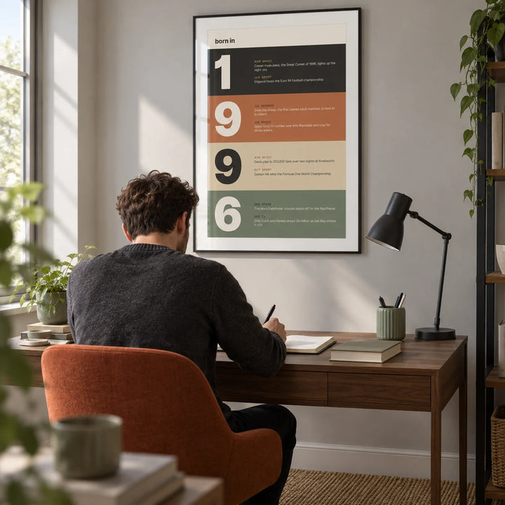 1996 Typography Print, framed on the wall of a design-led home study for an adult around 30 with a pale grey wall and a plain woven floor covering