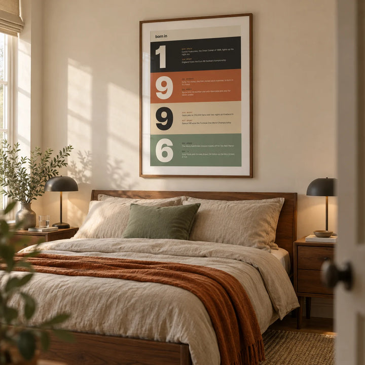 1996 Typography Print, framed on the wall of a modern bedroom for a couple around 30 in a UK flat with a warm cream wall