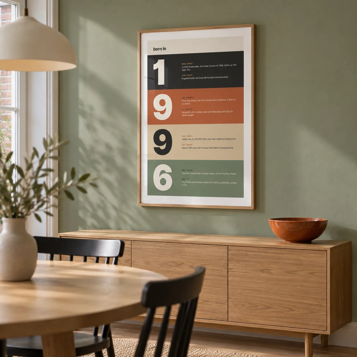 1996 Typography Print, framed on the wall of a modern dining room in a renovated UK terrace with a muted sage green wall and pale oak floor