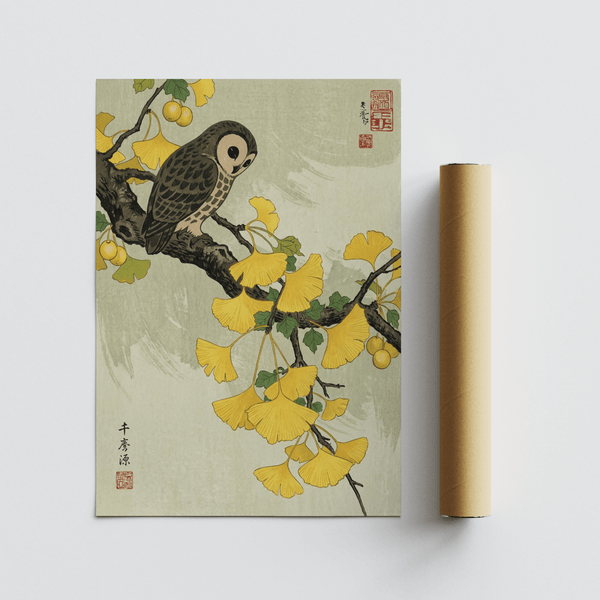 Owl and Ginkgo Print art print with Yellow leaves, perfect for office décor