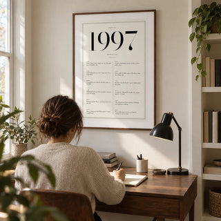 1997 Birthday Print, framed on the wall of a compact home study in a UK terrace with an ivory wall and a recessed bookcase containing a few plain bound books