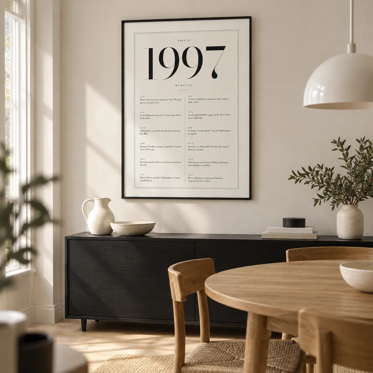 1997 Birthday Print, framed on the wall of a compact modern dining room in a UK maisonette with an ivory wall and pale timber flooring