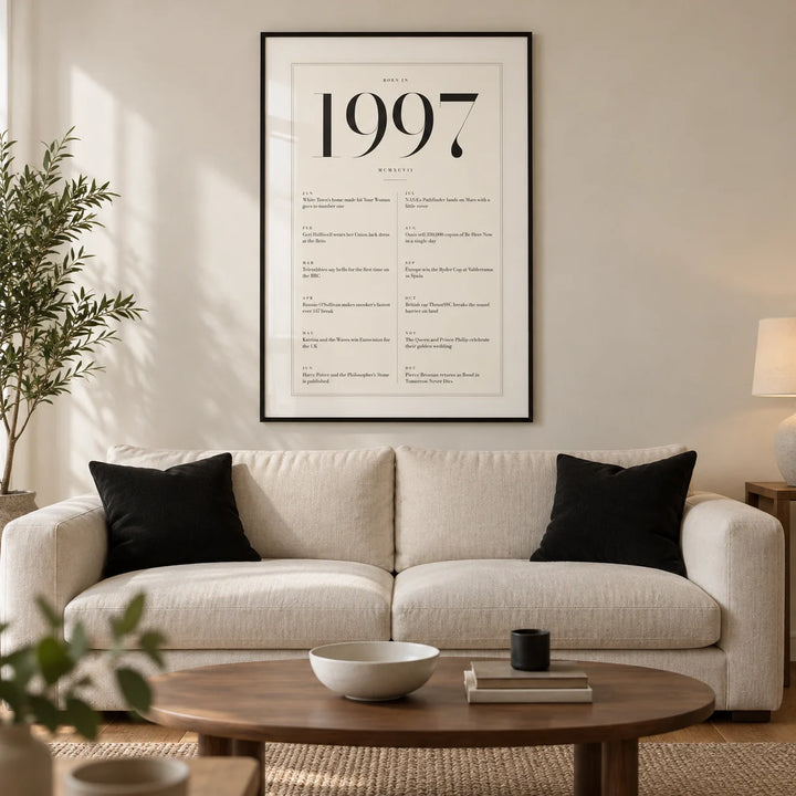 1997 Birthday Print, framed on the wall of a modern living room in a UK first flat for an adult around 29