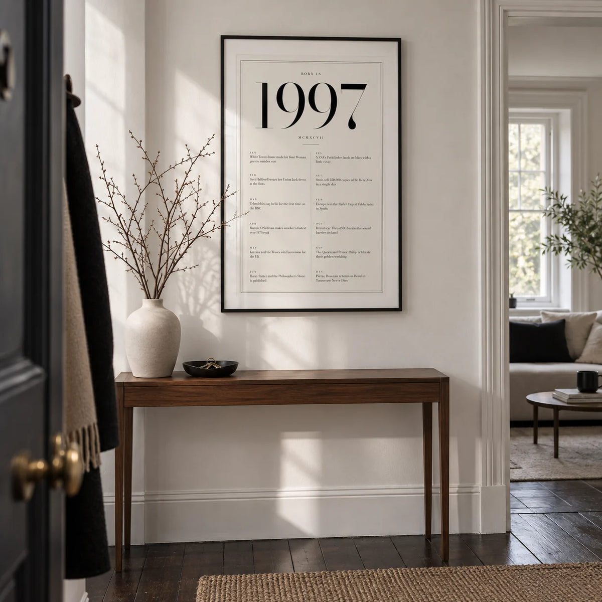 1997 Birthday Print, framed on the wall of a smart entrance hallway in a young adult's UK flat with white walls