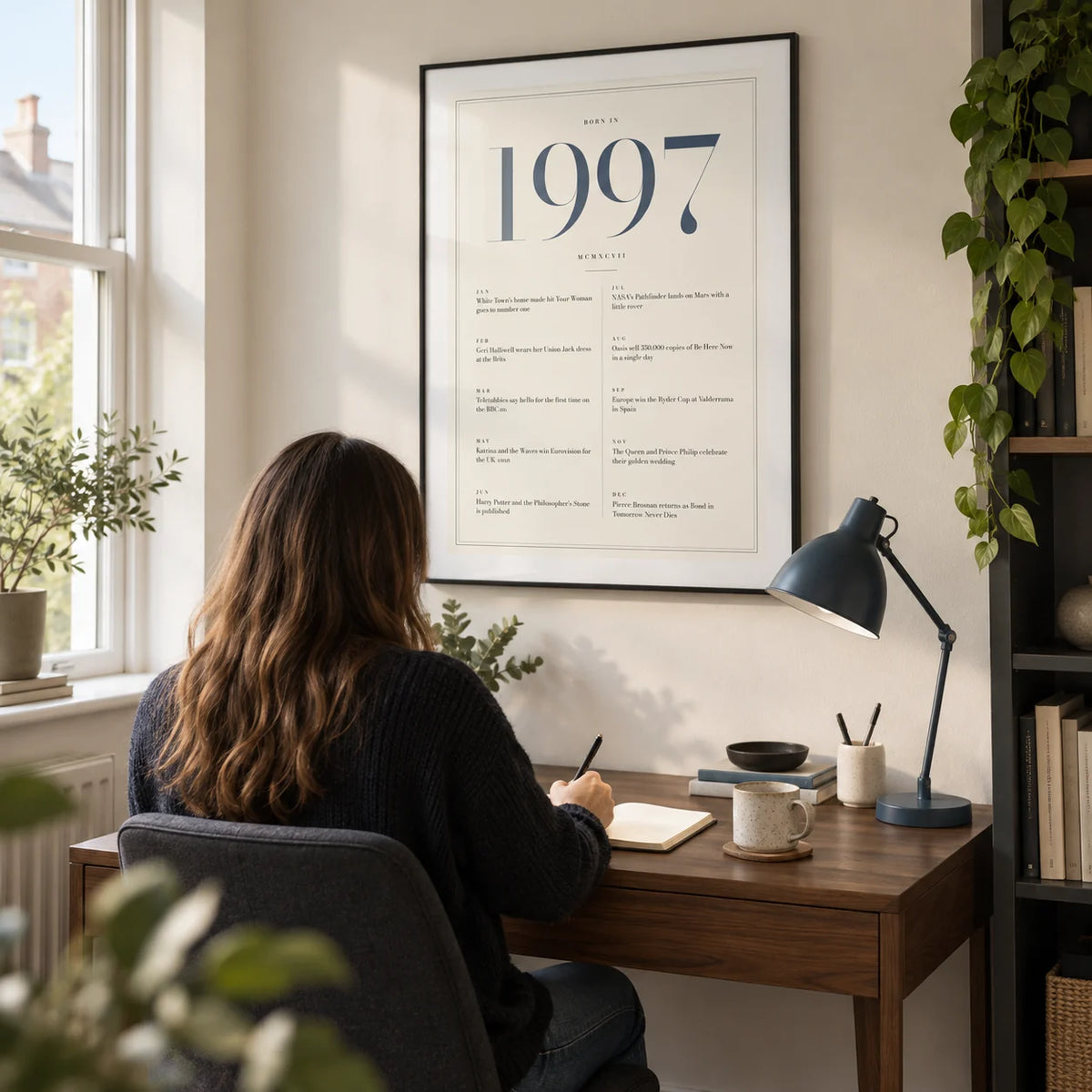 1997 Blue Birthday Print, framed on the wall of a compact home study in a UK terrace with a warm white wall