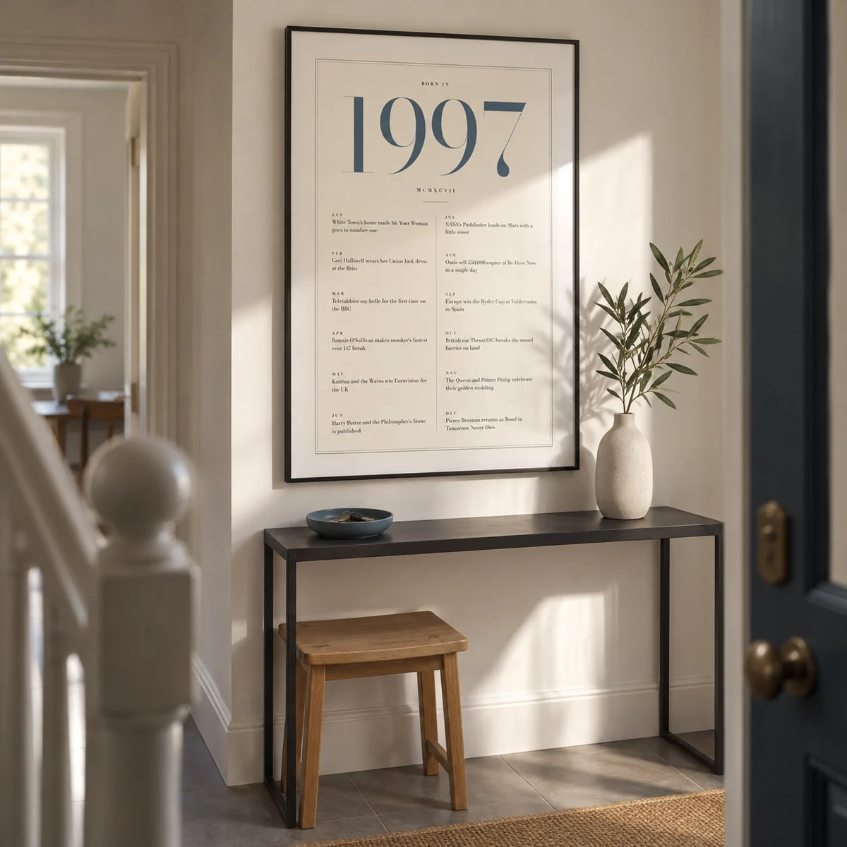 1997 Blue Birthday Print, framed on the wall of a narrow entrance hallway in a renovated UK terrace with warm white walls and large plain grey floor tiles