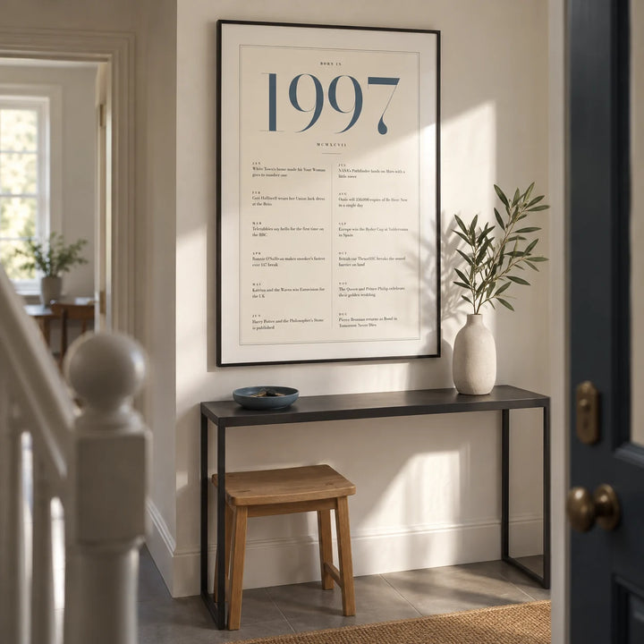 1997 Blue Birthday Print, framed on the wall of a narrow entrance hallway in a renovated UK terrace with warm white walls and large plain grey floor tiles