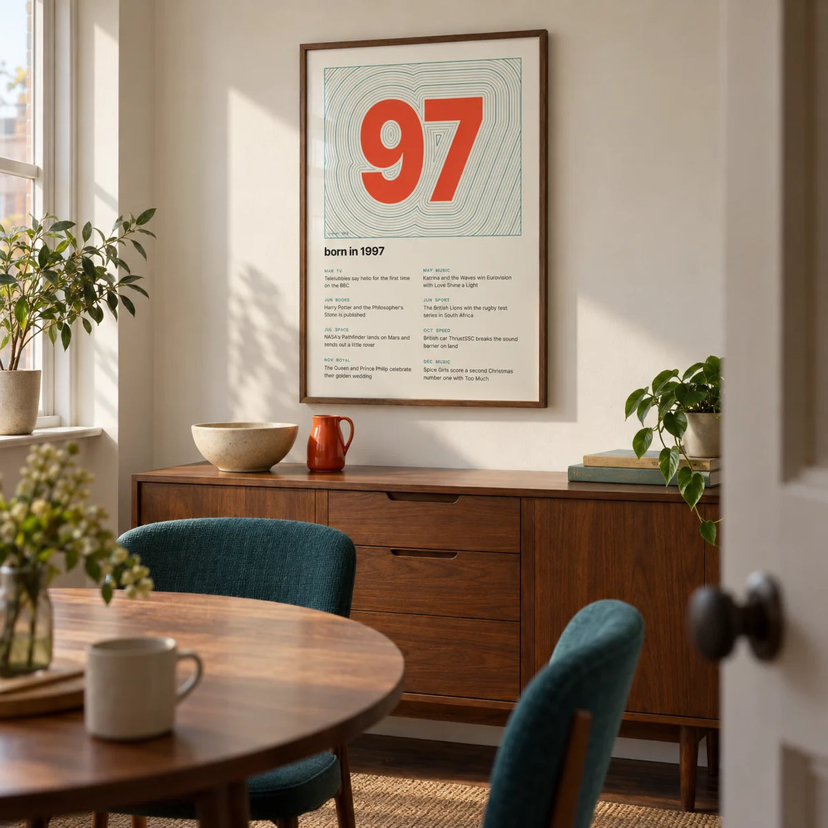 1997 Contour Map Print, framed on the wall of a compact dining room in a UK maisonette with a warm white wall and restrained retro furniture