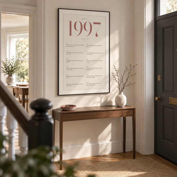 1997 Pink Birthday Print, framed on the wall of a bright hallway in a renovated UK terrace with warm white walls and a charcoal painted front door